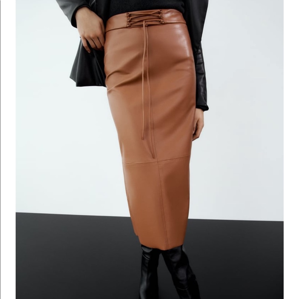Zara Brown faux leather midi skirt with tie detail